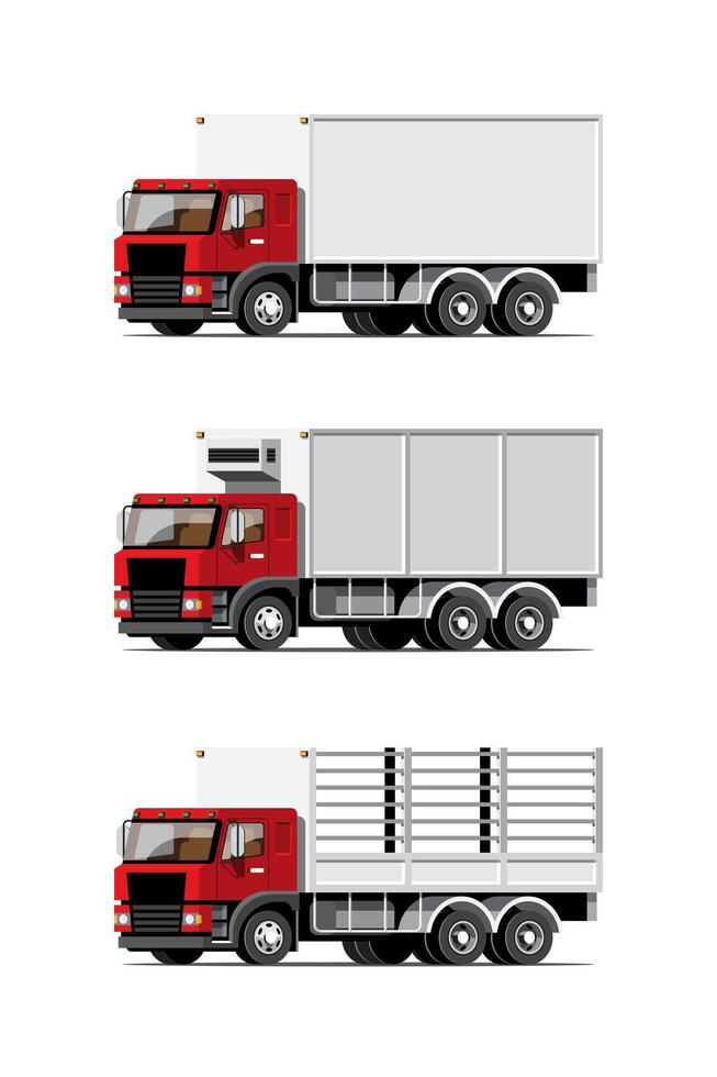 conjunto de ícones coloridos de vetor de grande veículo isolado, ilustrações planas de vários tipos de caminhão, conceito de transporte comercial logístico.