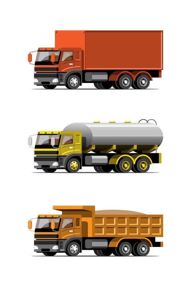 conjunto de ícones coloridos de vetor de grande veículo isolado, ilustrações planas de vários tipos de caminhão, conceito de transporte comercial logístico.