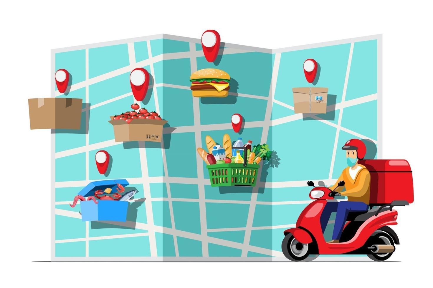 grandes ícones coloridos de vetor de motocicleta isolada, ilustrações planas de entrega por motocicletas por meio de localização de rastreamento gps. entrega de bicicleta, entrega de comida, entrega instantânea, entrega online.