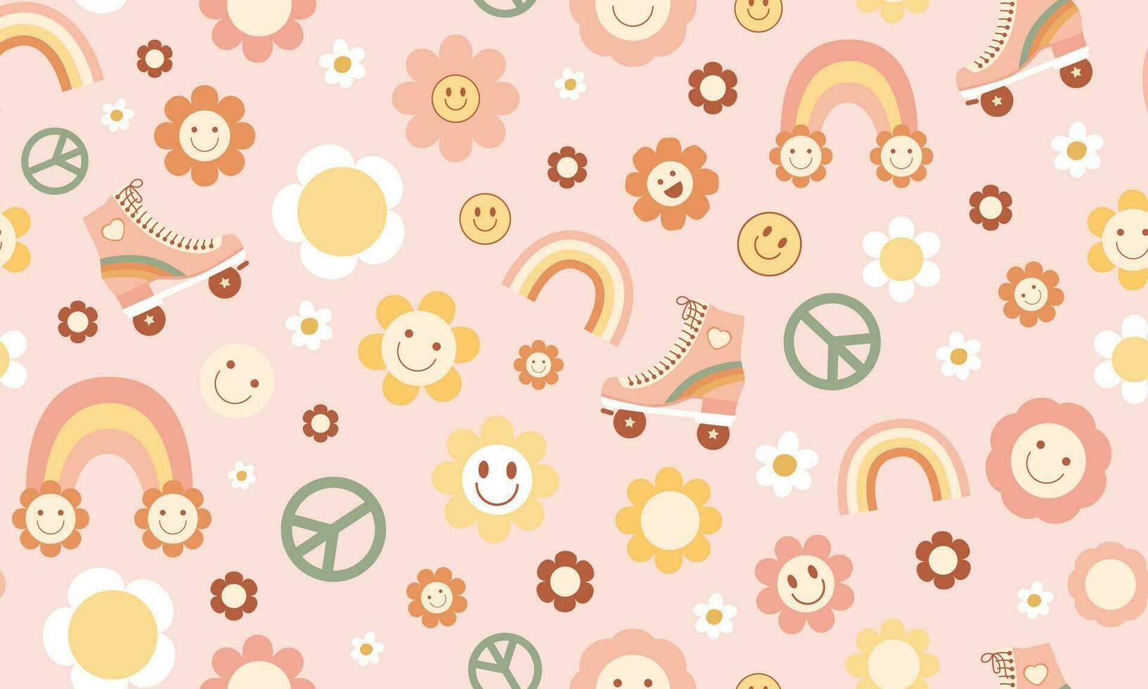 Rosa bebê groovy desatado padronizar. □ Gentil retro Anos 70 desenho animado repetir fundo com sorridente margarida, flores, Paz símbolo, arco-íris, rolo patins. vetor berçário imprimir, têxtil, tecido Projeto.