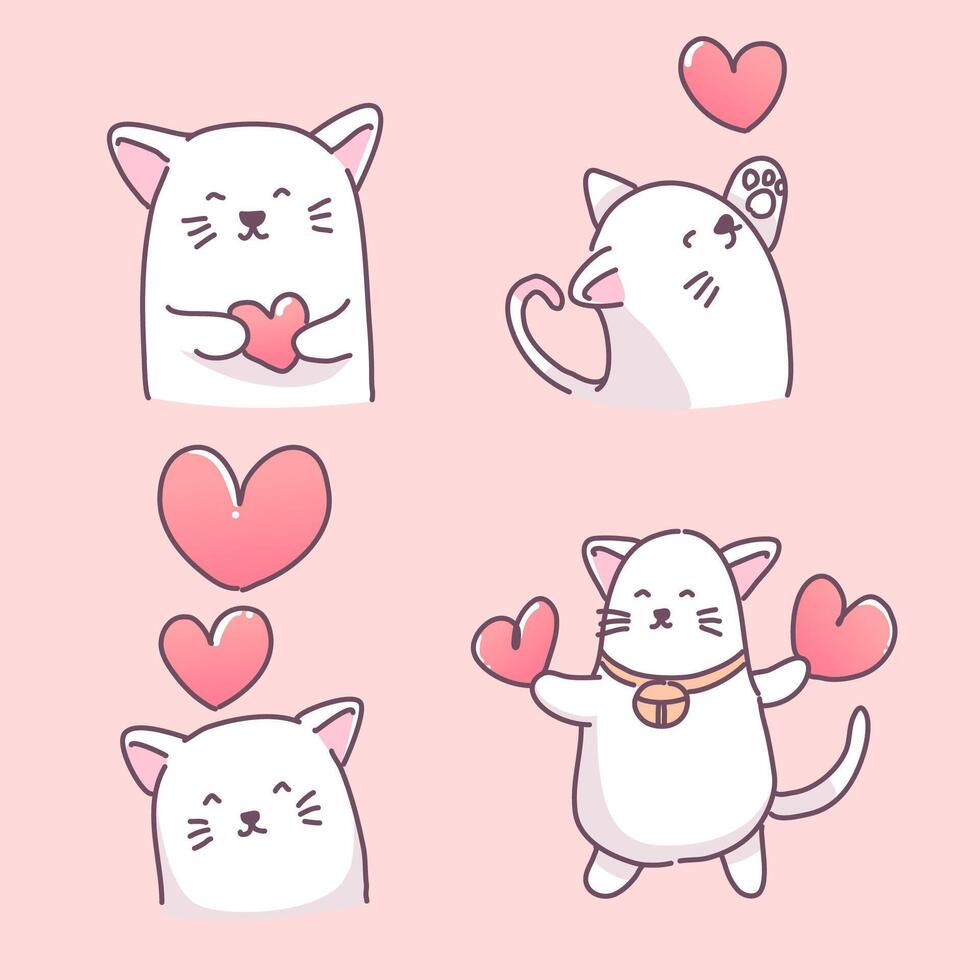 coleção de elementos de amor grandes isolados desenhados à mão definida no conceito de dia dos namorados, gatinho apaixonado, ilustração vetorial plana para cartões de convite do dia dos namorados e decoração de página vetor