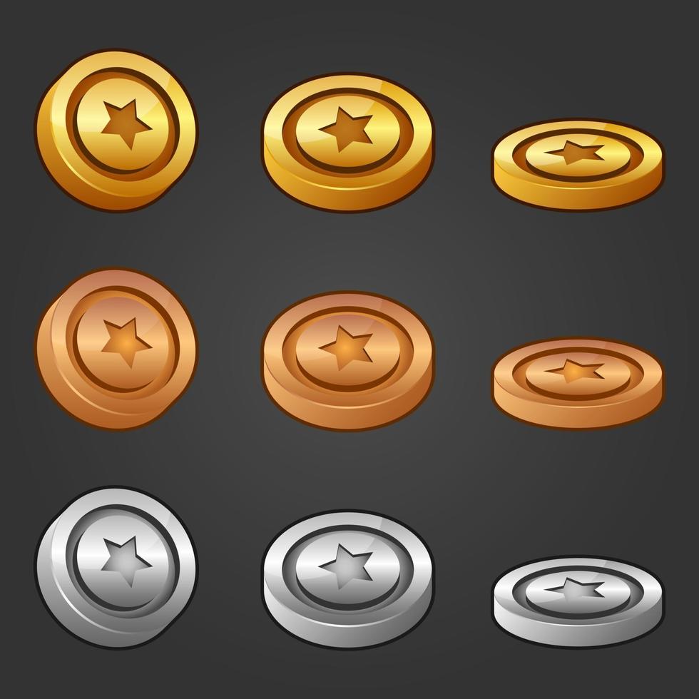 conjunto de ícones para elementos de jogo isométricos, ilustração vetorial colorida e isolada de três view rank coin para conceito de jogo plano vetor