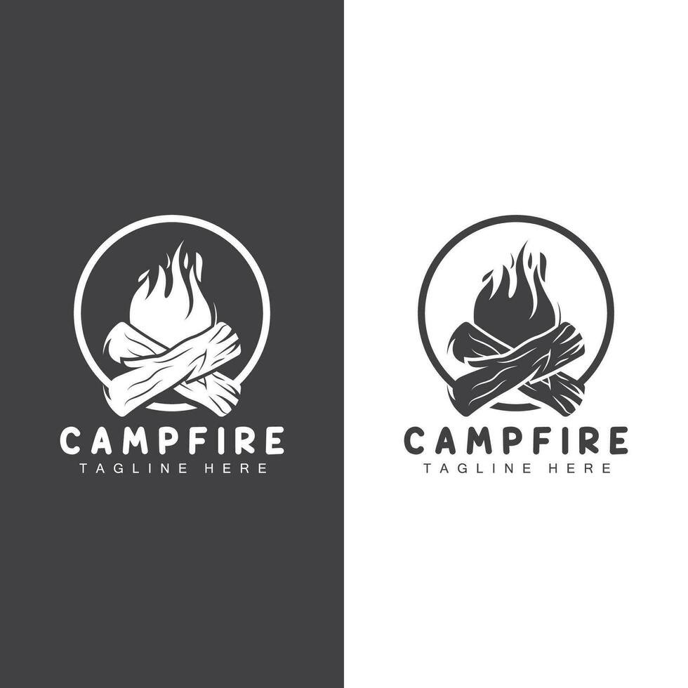 fogueira logotipo, madeira queimando e fogo projeto, acampamento aventura vintage vetor