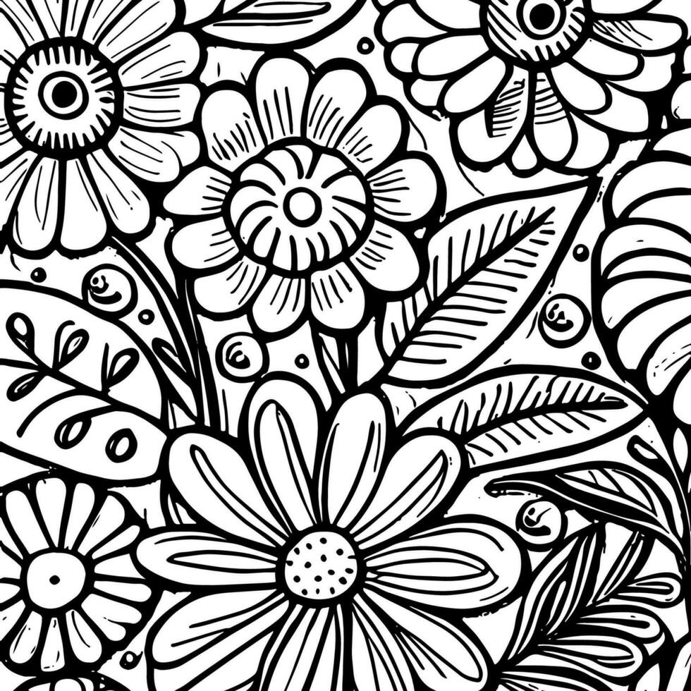 abstrato Preto e branco monocromático desenhado à mão flores textura padronizar rabisco vetor ilustração