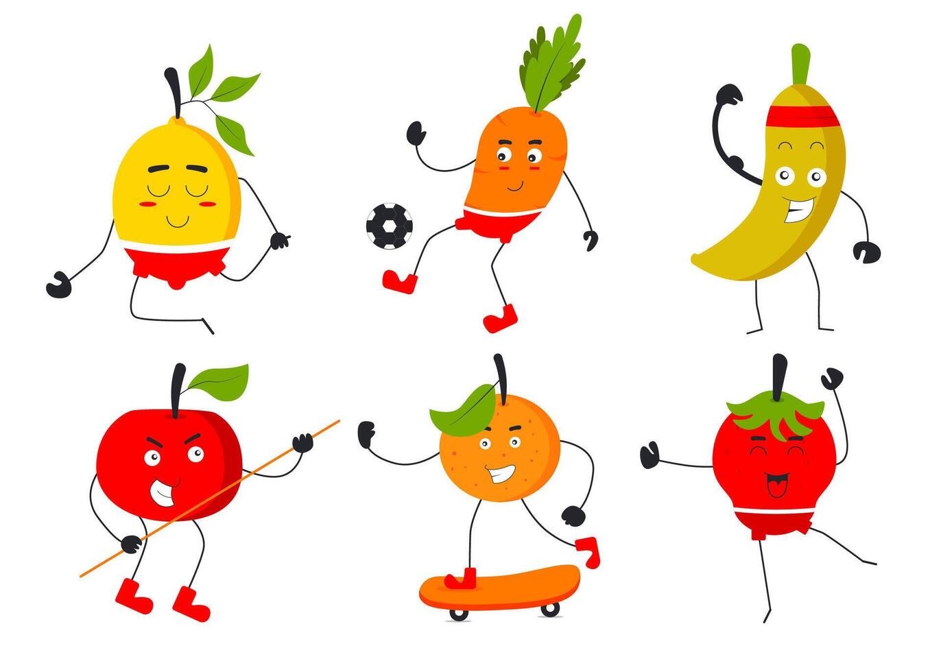 conjunto de frutas e vegetais em vetor plana de personagens de desenhos animados