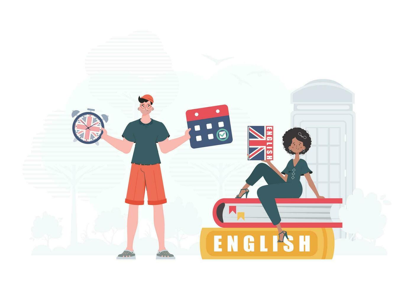 a conceito do Aprendendo inglês. homem e mulher Inglês professor. plano moderno estilo. vetor. vetor