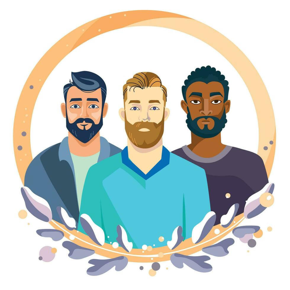 três homens do diferente raça e pele cor retrato dentro plano moderno estilo.internacional masculino dia bandeira, cartaz desenho.vetor ilustração.pai dia conceito diferente homens com barbas vetor