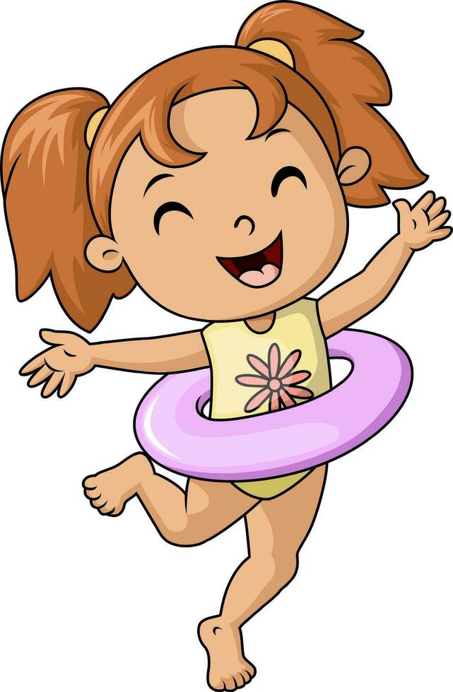 fofa pequeno menina desenho animado com inflável anel vetor