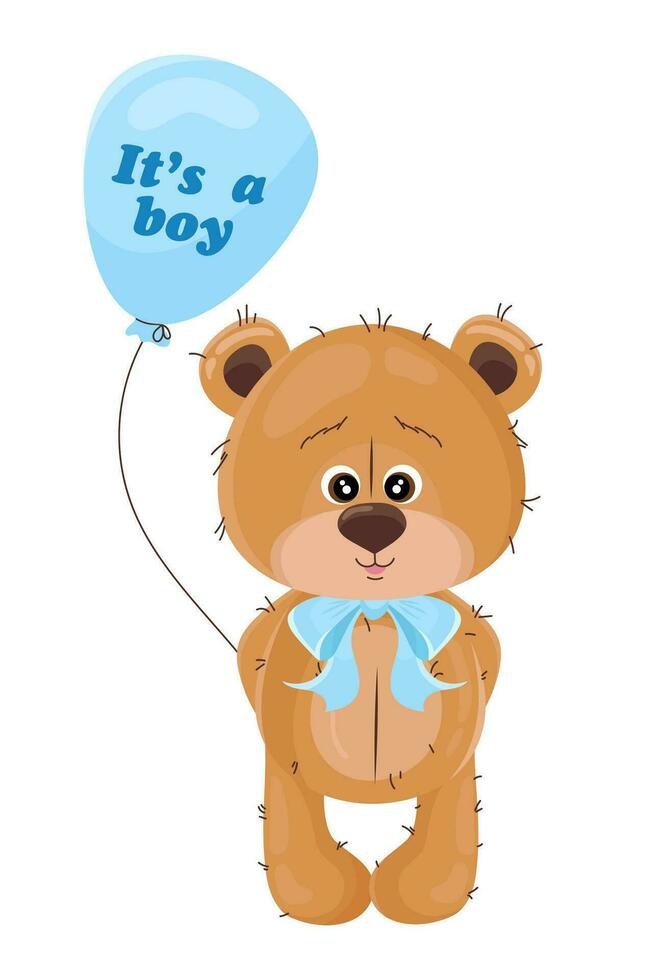 urso. Está uma garoto. Urso de pelúcia Urso com azul balão para chá de bebê. vetor