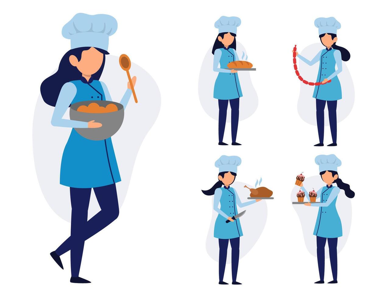 conjunto de personagem de desenho animado chef feminina em ilustração vetorial de ações diferentes vetor