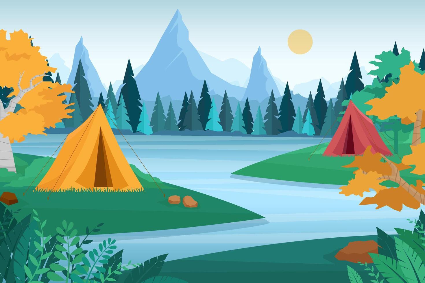 ilustração vetorial de acampamento de verão com barracas de camping aventura na natureza ao ar livre vetor