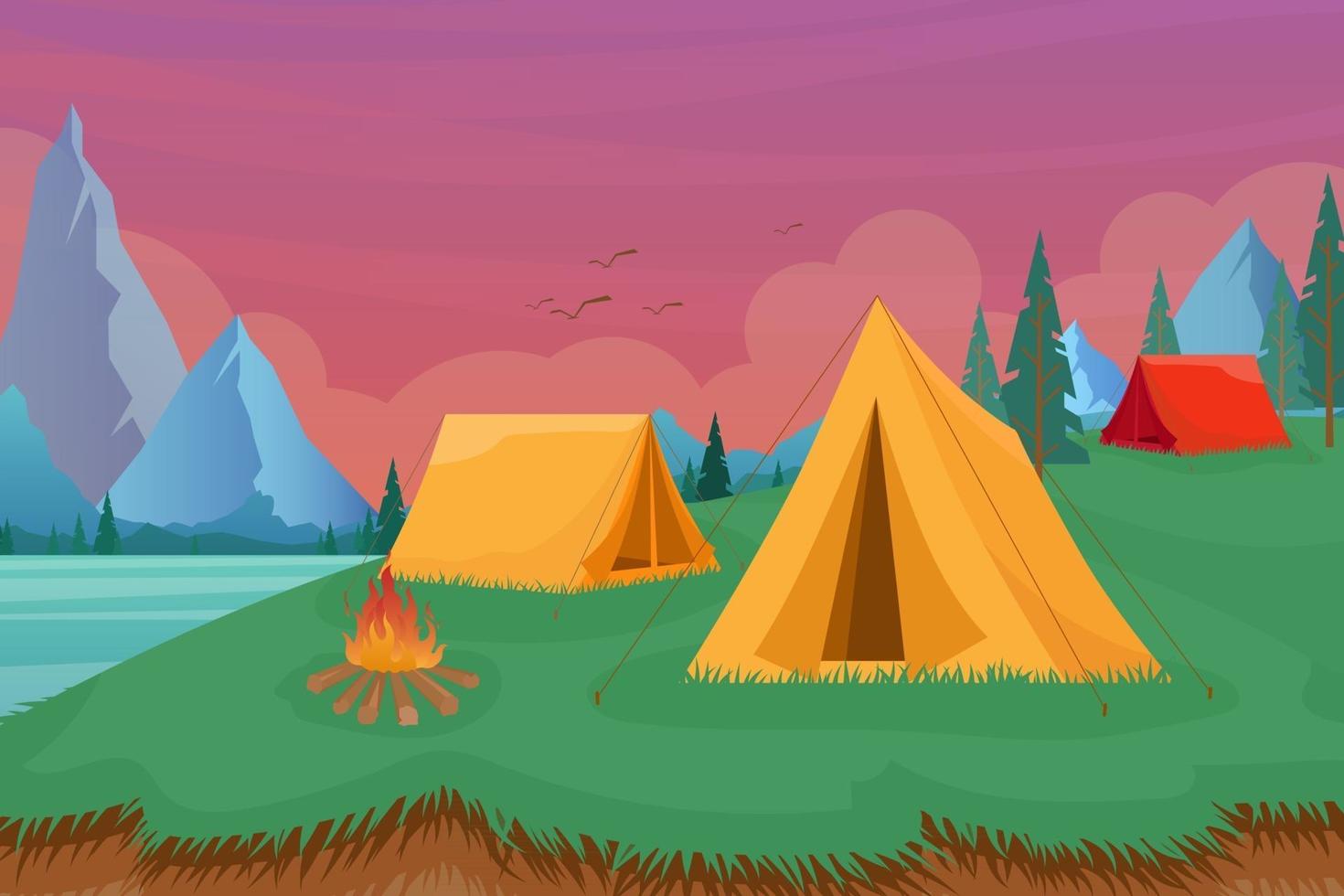 ilustração vetorial de acampamento de verão com barracas de camping aventura na natureza ao ar livre vetor