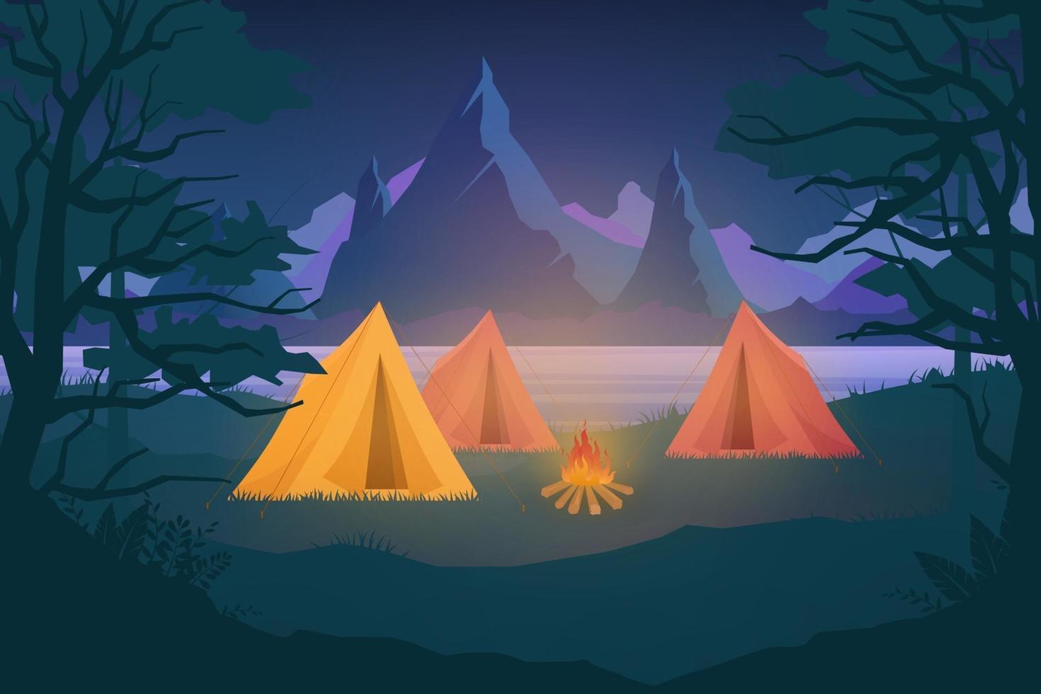 ilustração vetorial acampamento noturno com barracas de acampamento vetor