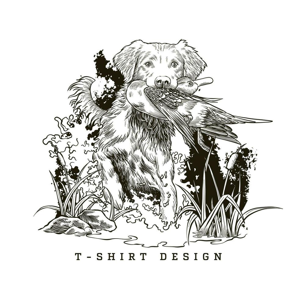 Caçando cachorro camiseta Projeto pegando patos dentro uma pântano. Preto e branco Projeto vetor