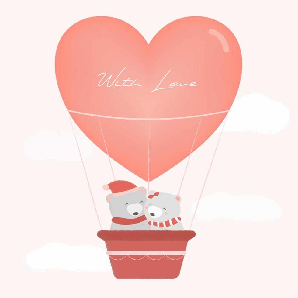 ursos em um balão de amor com fundo de cor clara. ilustração colorida perfeita para o dia dos namorados. vetor