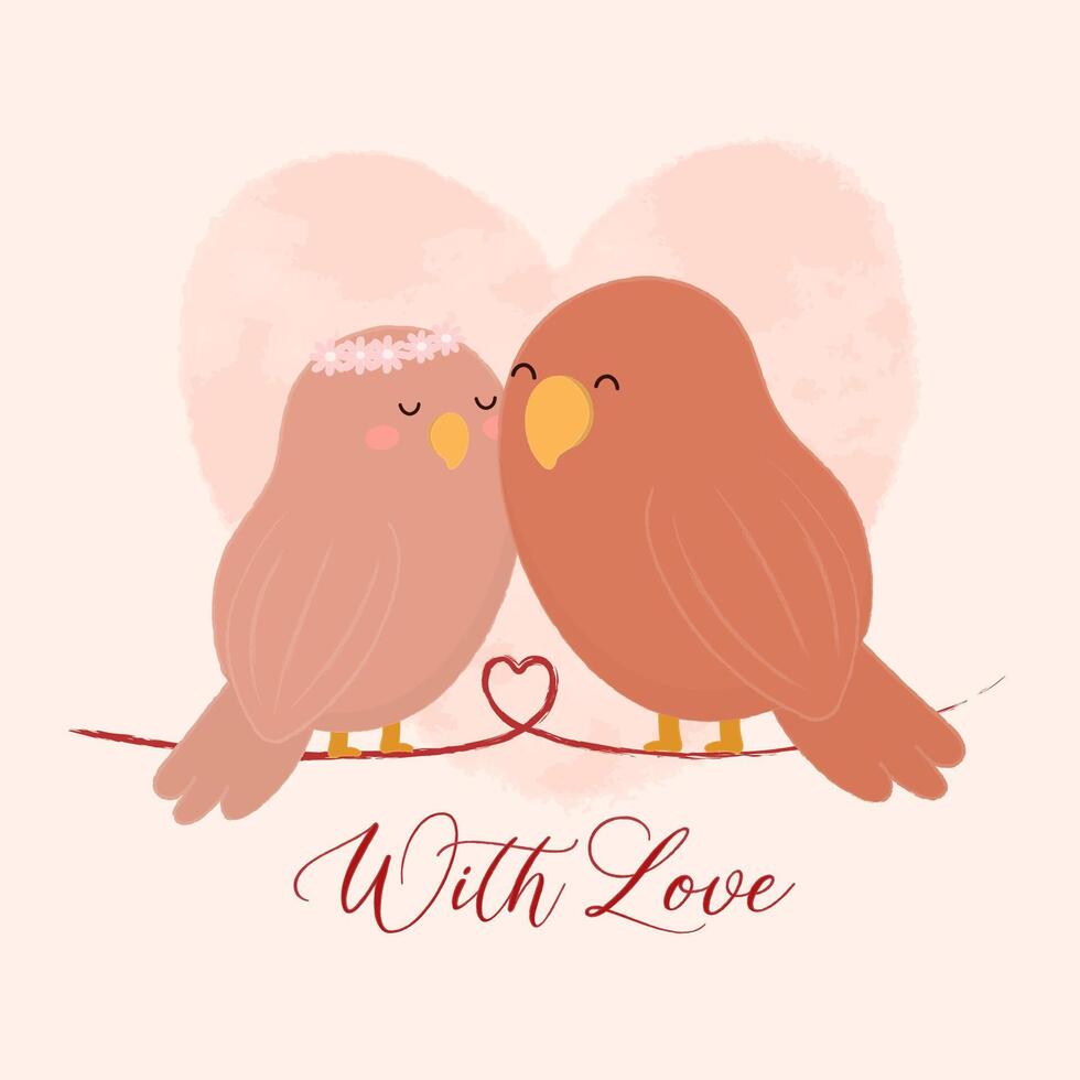 pássaros bonitos apaixonados sentados em um branche de forma de coração. fundo de forma de coração. ilustração do dia dos namorados vetor