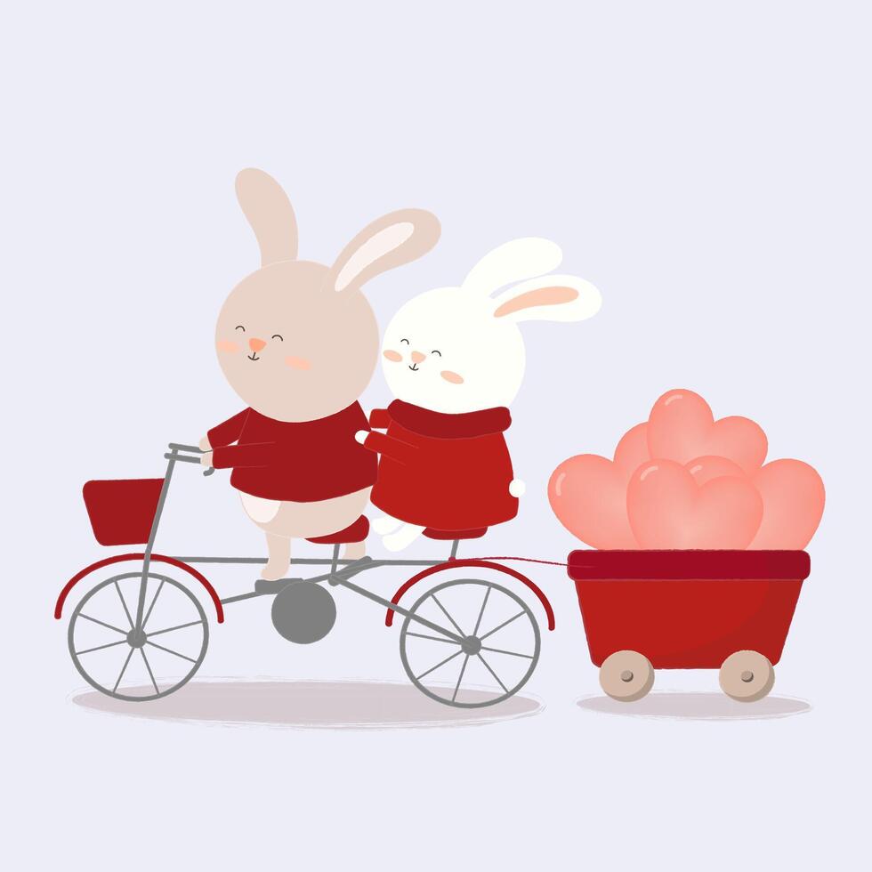 ilustração de dois coelhos em uma bicicleta carregando um balão nas costas. para casamento, aniversário, aniversário, dia dos namorados. ilustração vetorial. isolado no branco. vetor