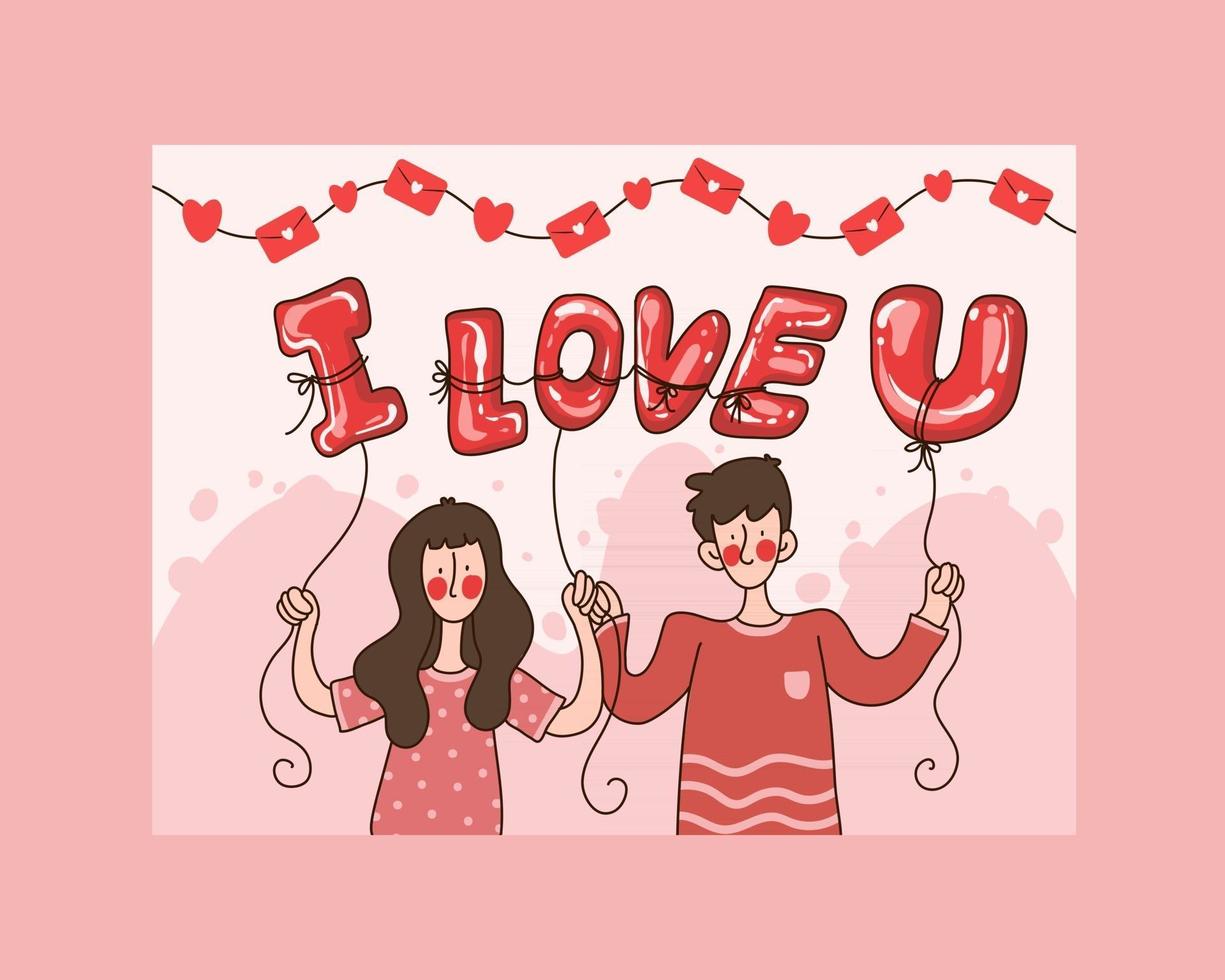 cartão de dia dos namorados, casal hodign, eu te amo balão florescendo nas mãos - uma saudação fofa para a celebração do amor e romance vetor