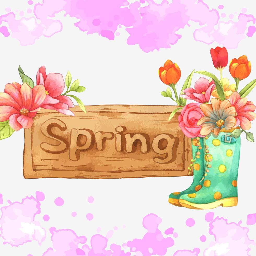 ilustração em aquarela de bota de borracha de bolinhas verdes de placa de madeira primavera com flores no topo. tema da primavera. composição para design. cartão de felicitações, cartão postal, pôster vetor