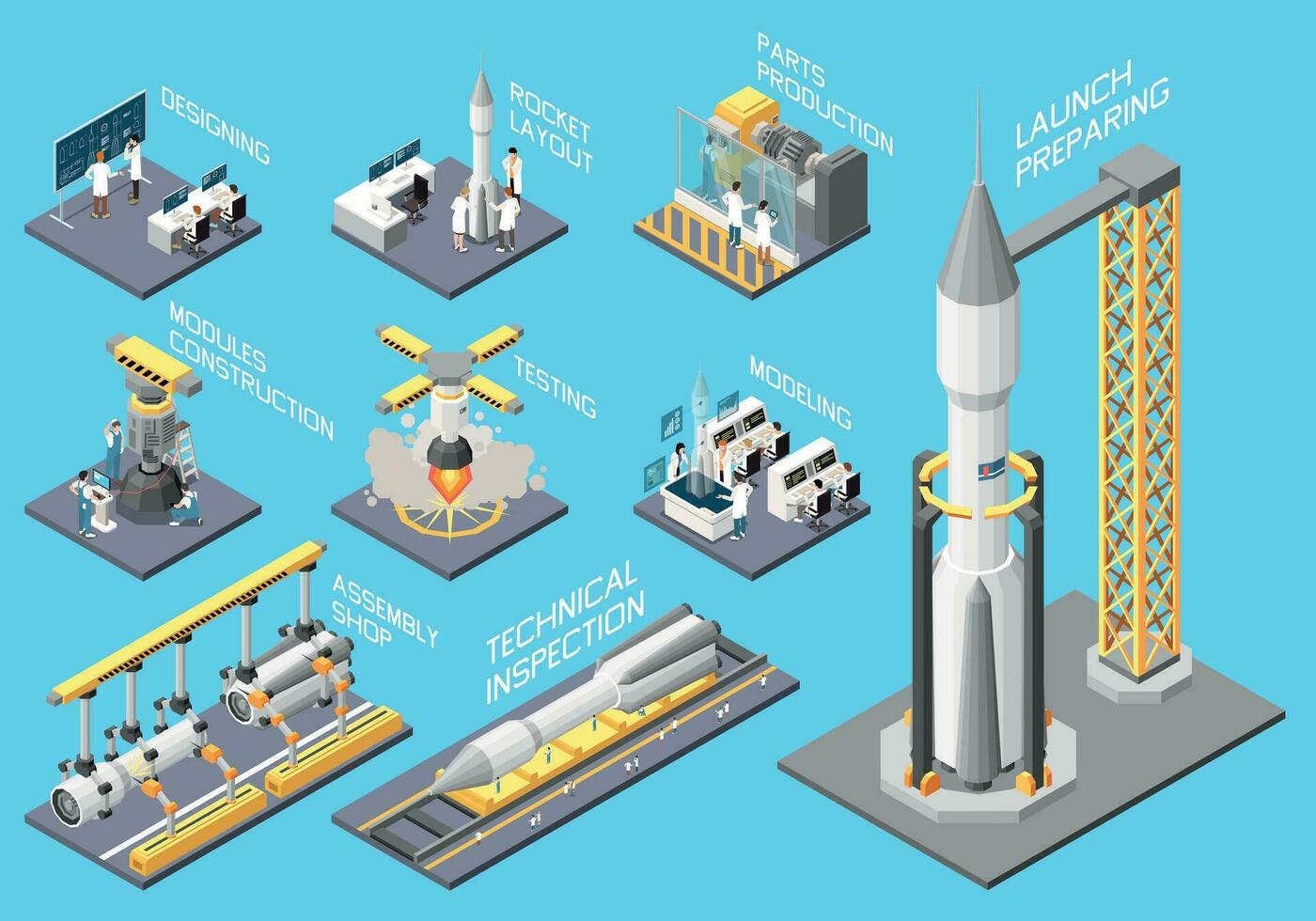 foguete construção isométrico conjunto vetor