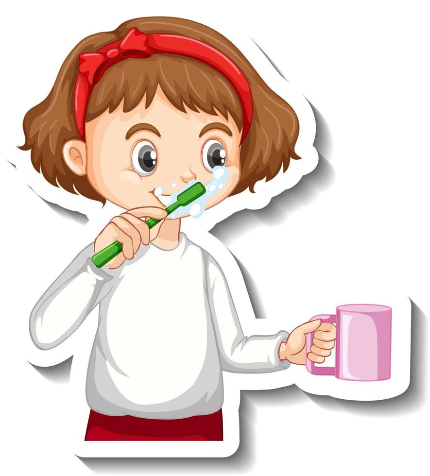 desenho de adesivo com uma garota escovando o dente personagem de desenho animado vetor