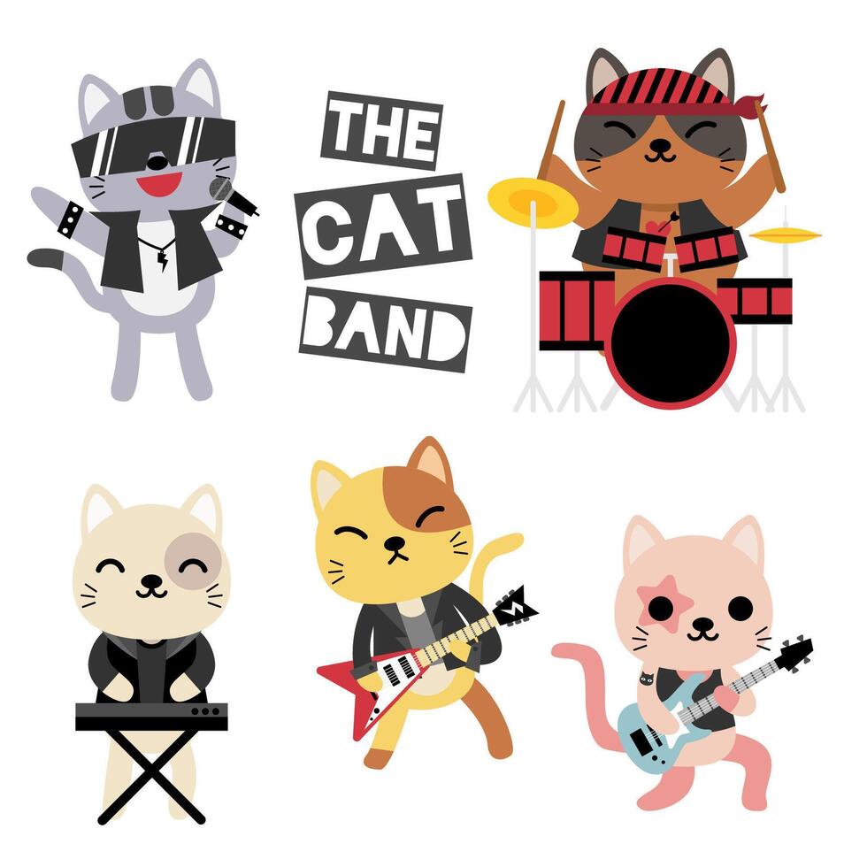 grande conjunto de animais isolados. coleção de vetores de atividade, músico, guitarrista, banda de gato, baterista, animais engraçados. gato de animais fofos no estilo cartoon.