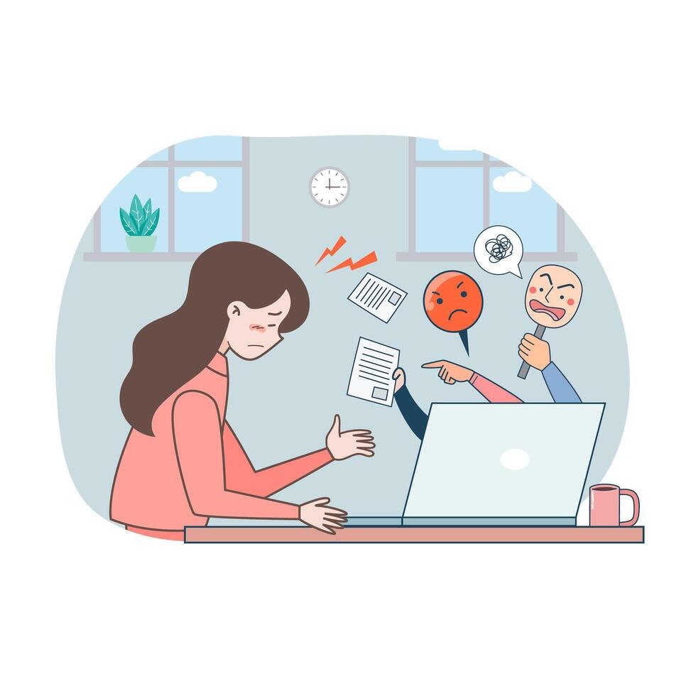 grande mulher jovem isolada trabalhar em uma mesa no laptop. deprimido e tentando resolver o problema de ilustração em vetor personagem de desenho animado.