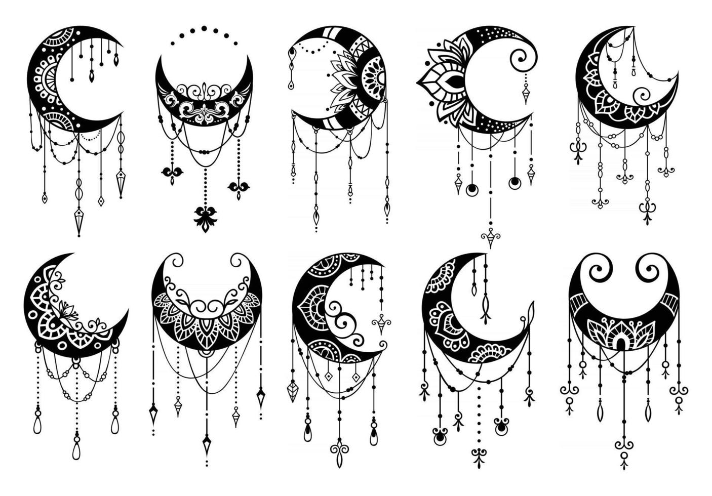 estilo de mandala de lua crescente, coleção de elementos de decoração de lua vetor