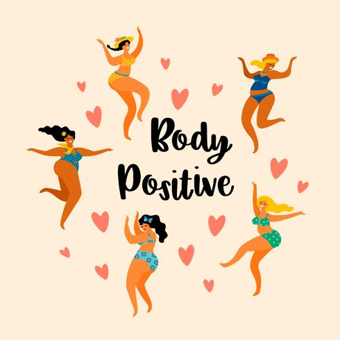 Corpo positivo. Happy plus size meninas estão dançando. vetor