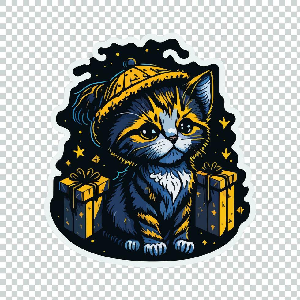 ilustração do adesivo Projeto uma fofa gatinho vestindo uma sanatas chapéu cercado de presentes vetor