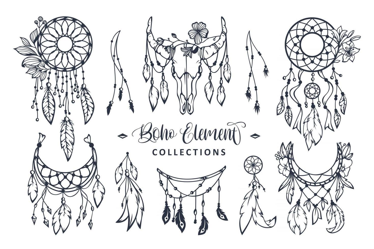 coleção de elementos de estilo boho desenhada à mão vetor