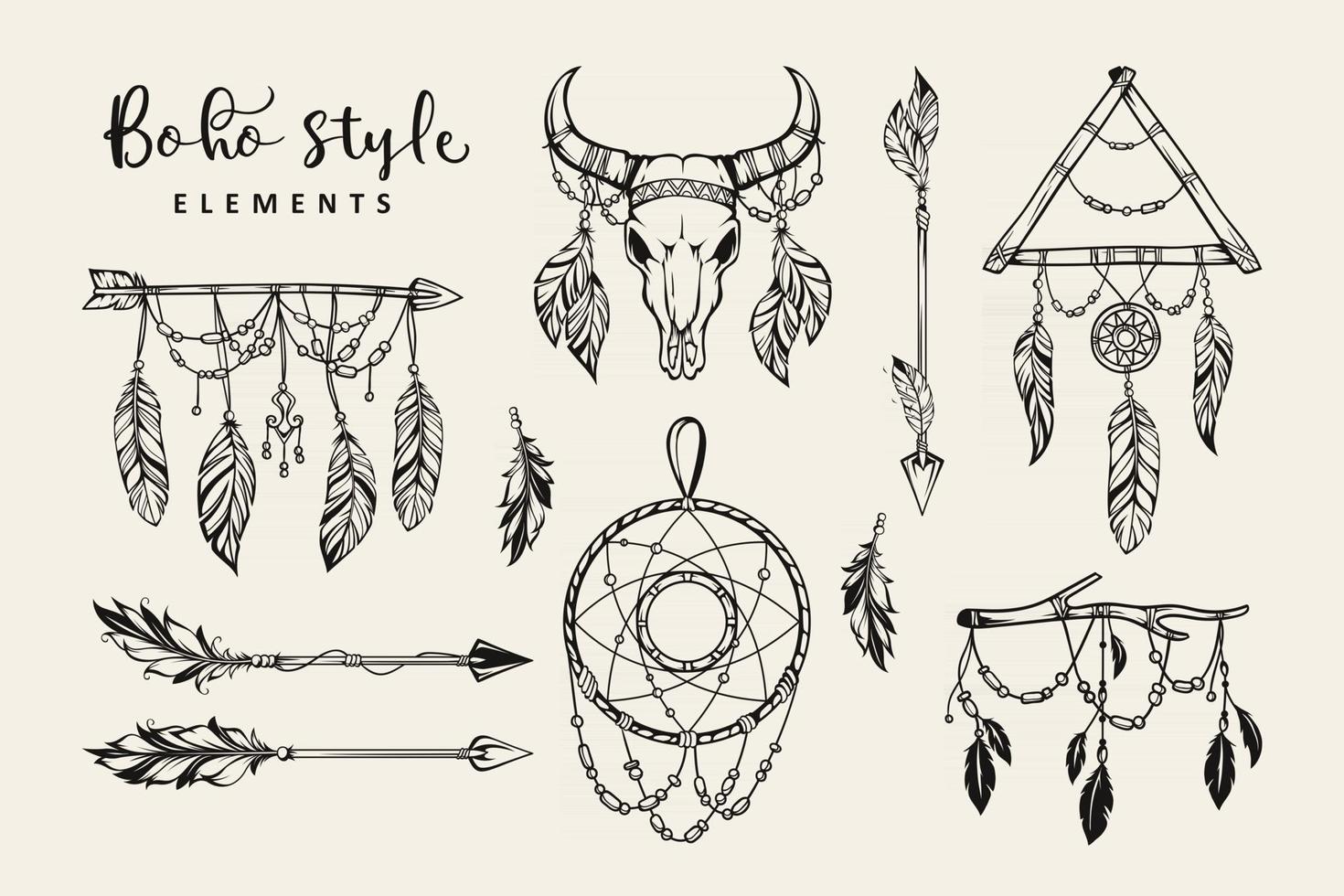 coleção de elementos de estilo boho desenhada à mão vetor