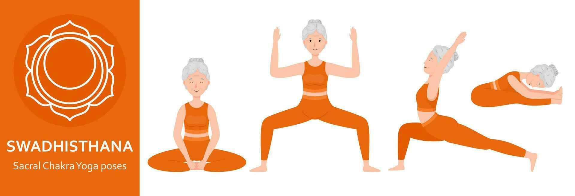 sacral chakra ioga poses. idosos mulher praticando swadhisthana chakra ioga asana. saudável estilo de vida. plano desenho animado personagem. vetor ilustração