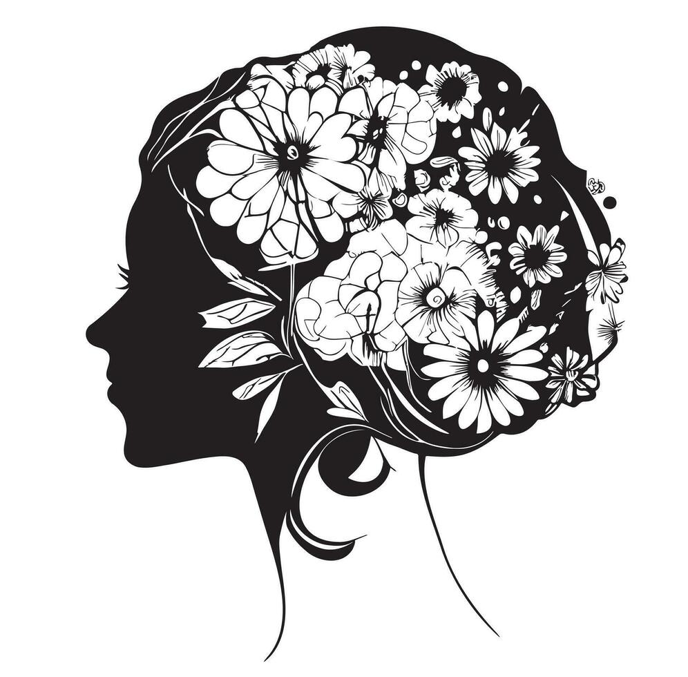 silhueta do uma meninas cabeça com flores dentro dela cabelo esboço mão desenhado vetor ilustração