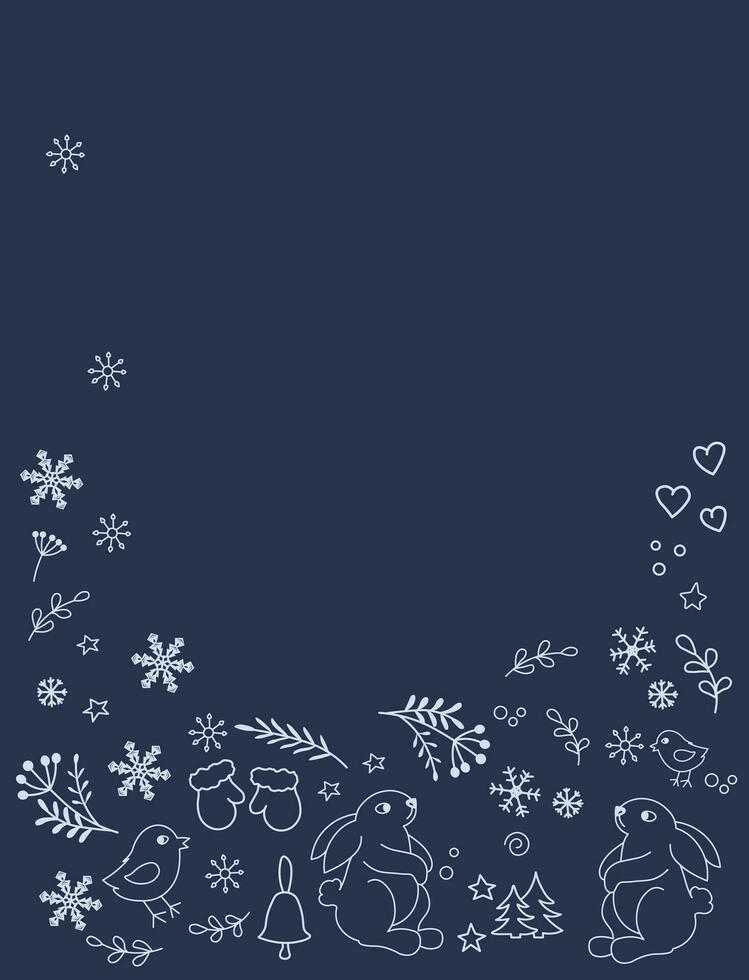 inverno fundo para a cartão. vetor ilustração. lebres, flocos de neve, bagas, galhos do conífero árvores gelado humor. para crianças.