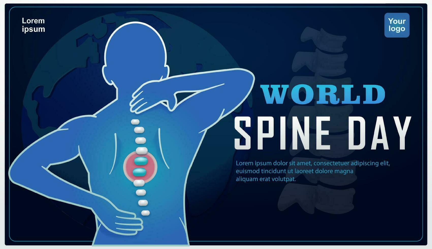 mundo coluna vertebral dia. no mundo todo fardo do espinhal dor e incapacidade, com terra e coluna vertebral dentro a fundo. 3d vetor, adequado para Projeto elementos, saúde e eventos vetor