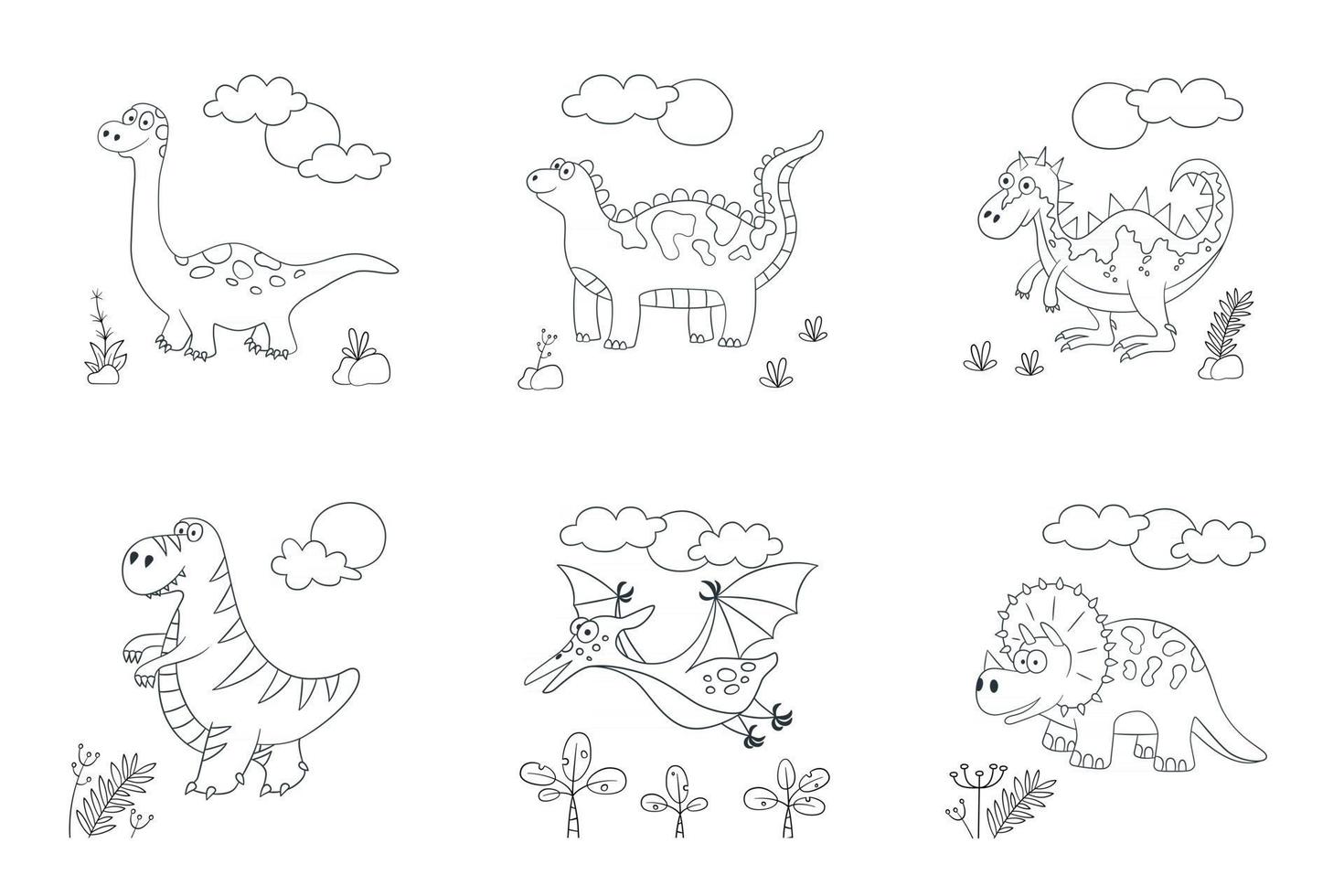 dinossauros fofos. conjunto de dino. ilustração vetorial no estilo doodle e cartoon para colorir livros e impressões. desenhado à mão. Preto e branco vetor