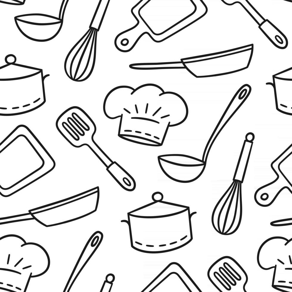 mão desenhada sem costura padrão sobre o tema do chef e cozinheiro. ilustração vetorial em estilo doodle em fundo branco vetor