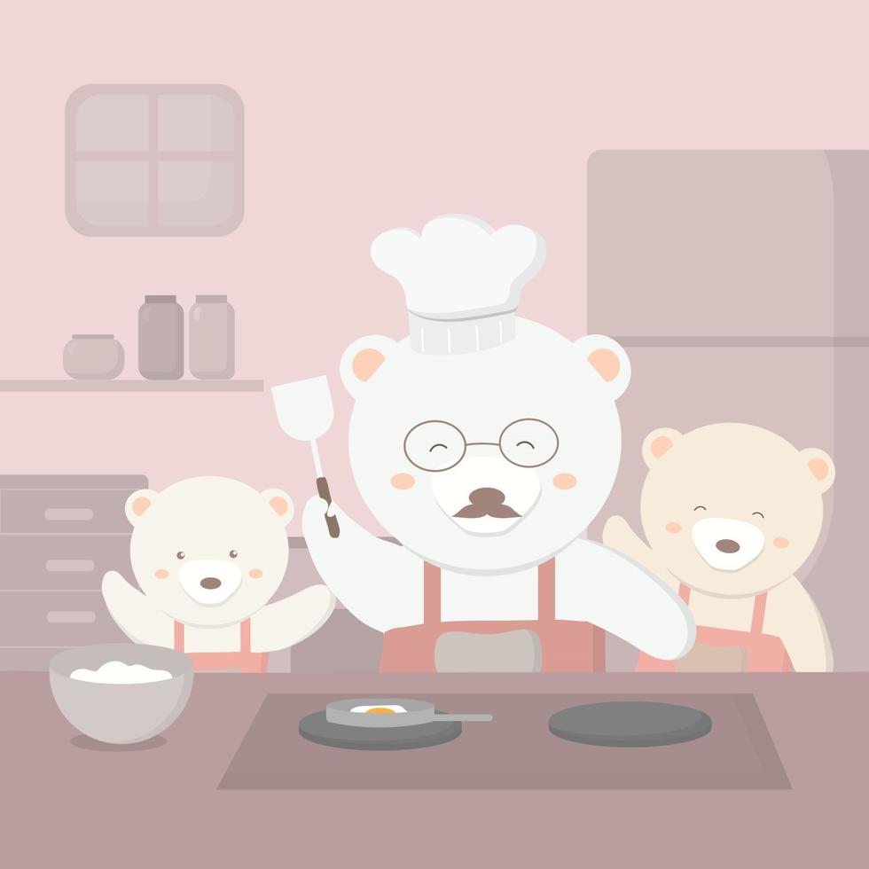 urso família se preparando para a festa do dia dos pais urso do pai vai para a cozinha cozinhar para o dia dos pais. vetor
