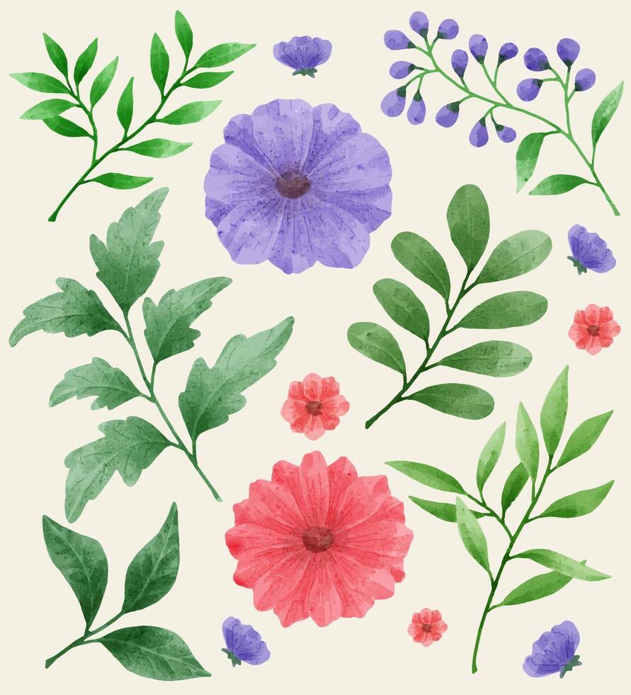 um conjunto de flores pintadas em aquarela para vários cartões e cartões comemorativos. vetor