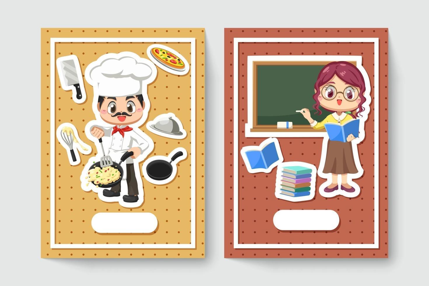 cartão de chef man e professora em vetor de personagem de desenho animado