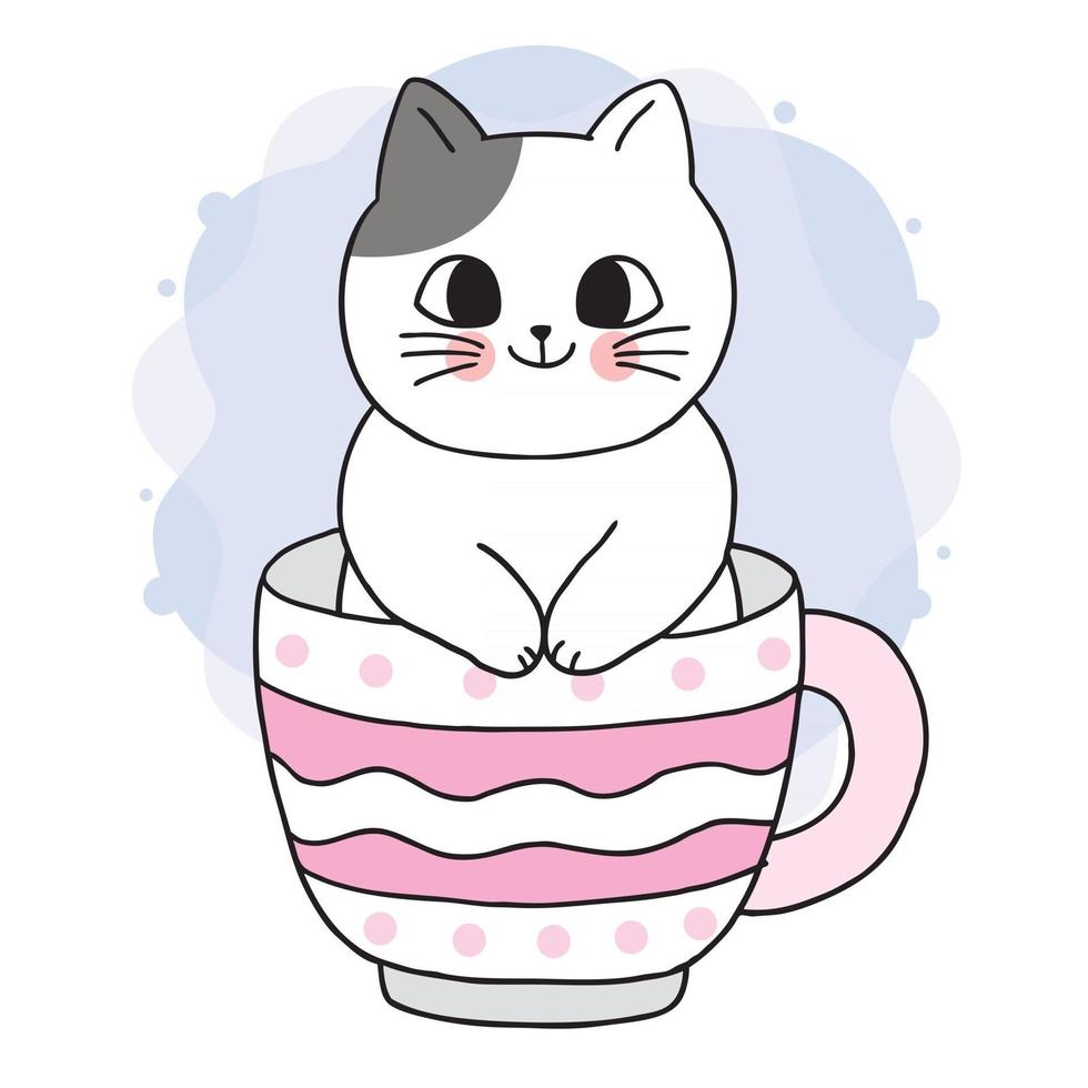 gato bonito dos desenhos animados em vetor de xícara de café.