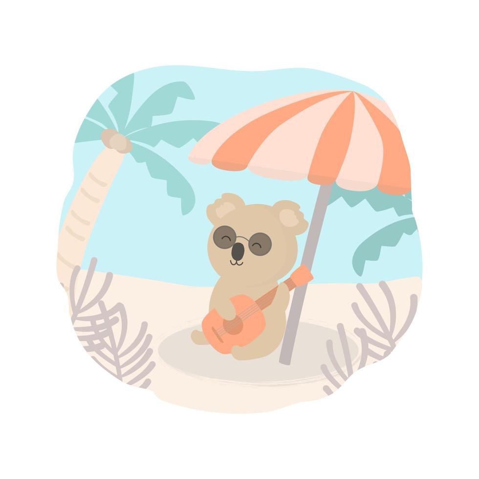 adorável coala tocando violão sob o guarda-chuva na praia vetor