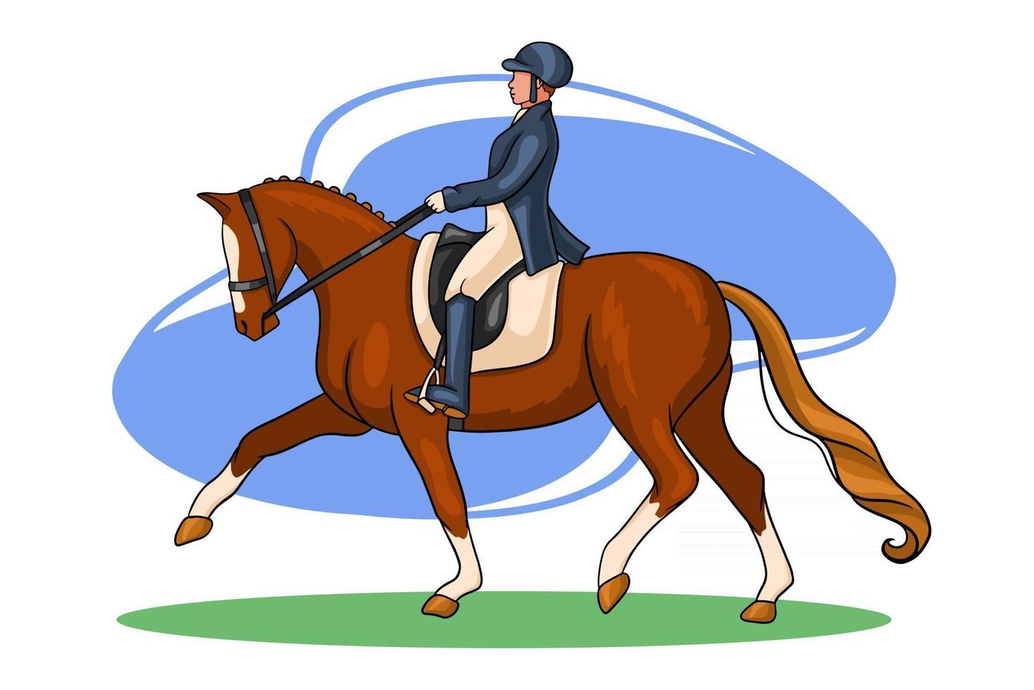 mulher andando a cavalo cavalgando cavalo de adestramento em estilo cartoon vetor