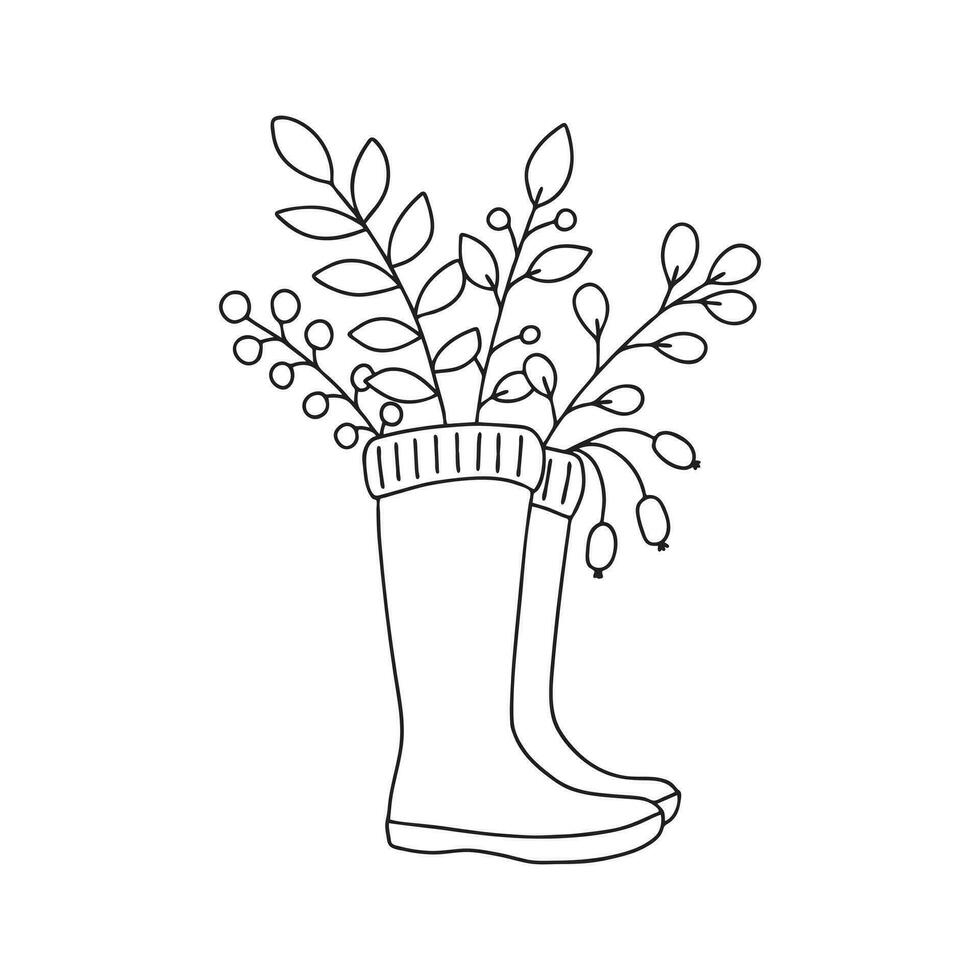 fofa cartão com mão desenhado borracha botas, outono folhas e bagas. tradicional atributos do a outono temporada. vetor rabisco ilustração isolado em branco fundo