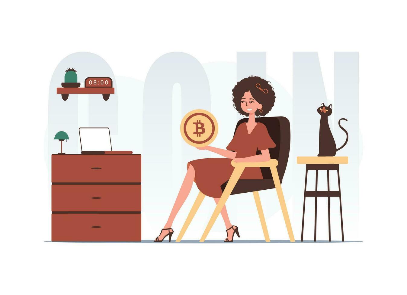 criptomoeda conceito. uma mulher senta dentro uma cadeira e detém uma bitcoin dentro dela mãos. personagem com uma moderno estilo. vetor