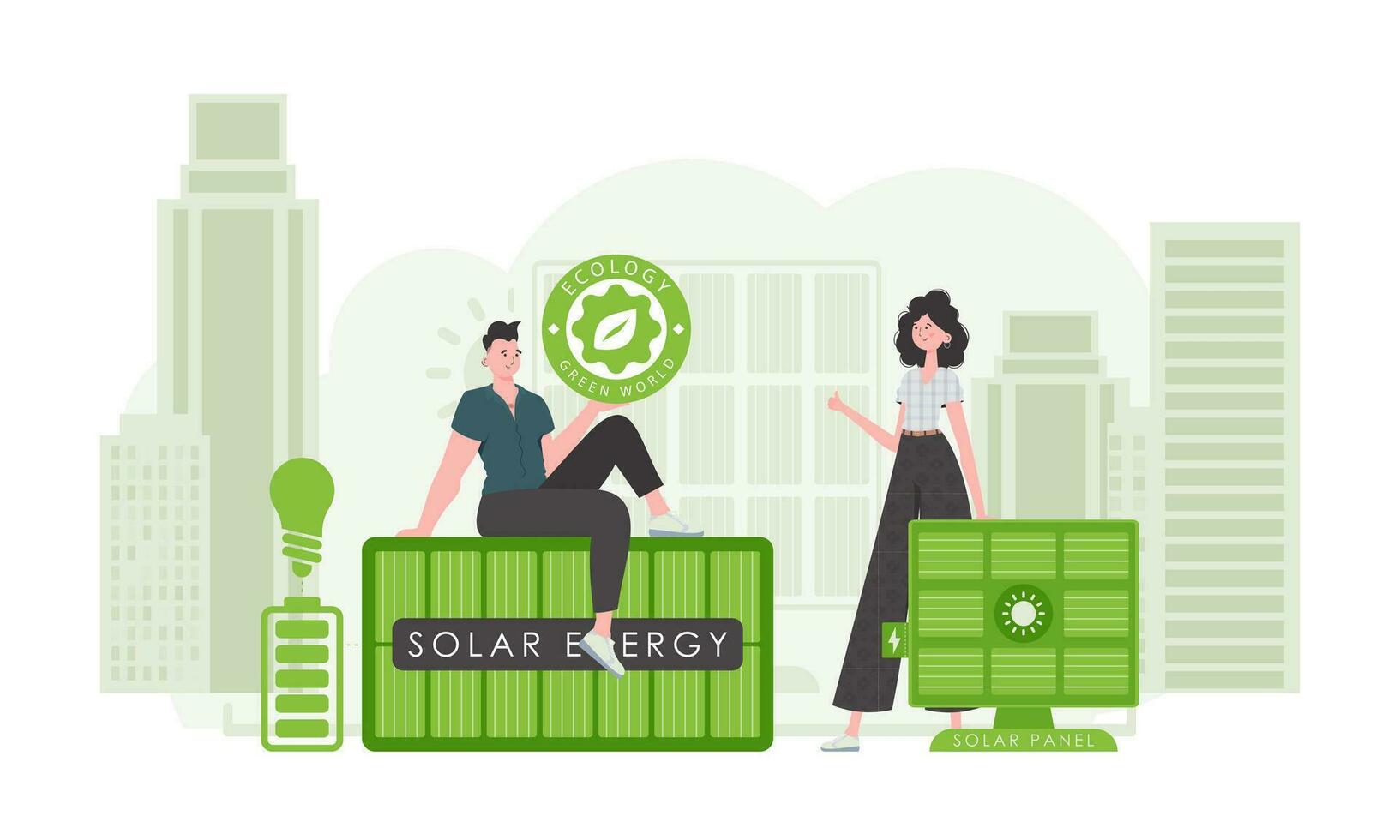 cara e menina e solar painéis. eco energia conceito. vetor. vetor