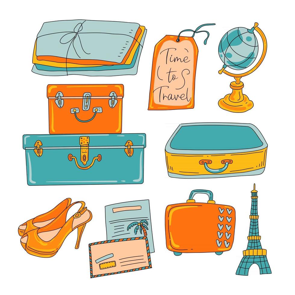 conjunto de viagens com mala e globo em vetor de desenho animado