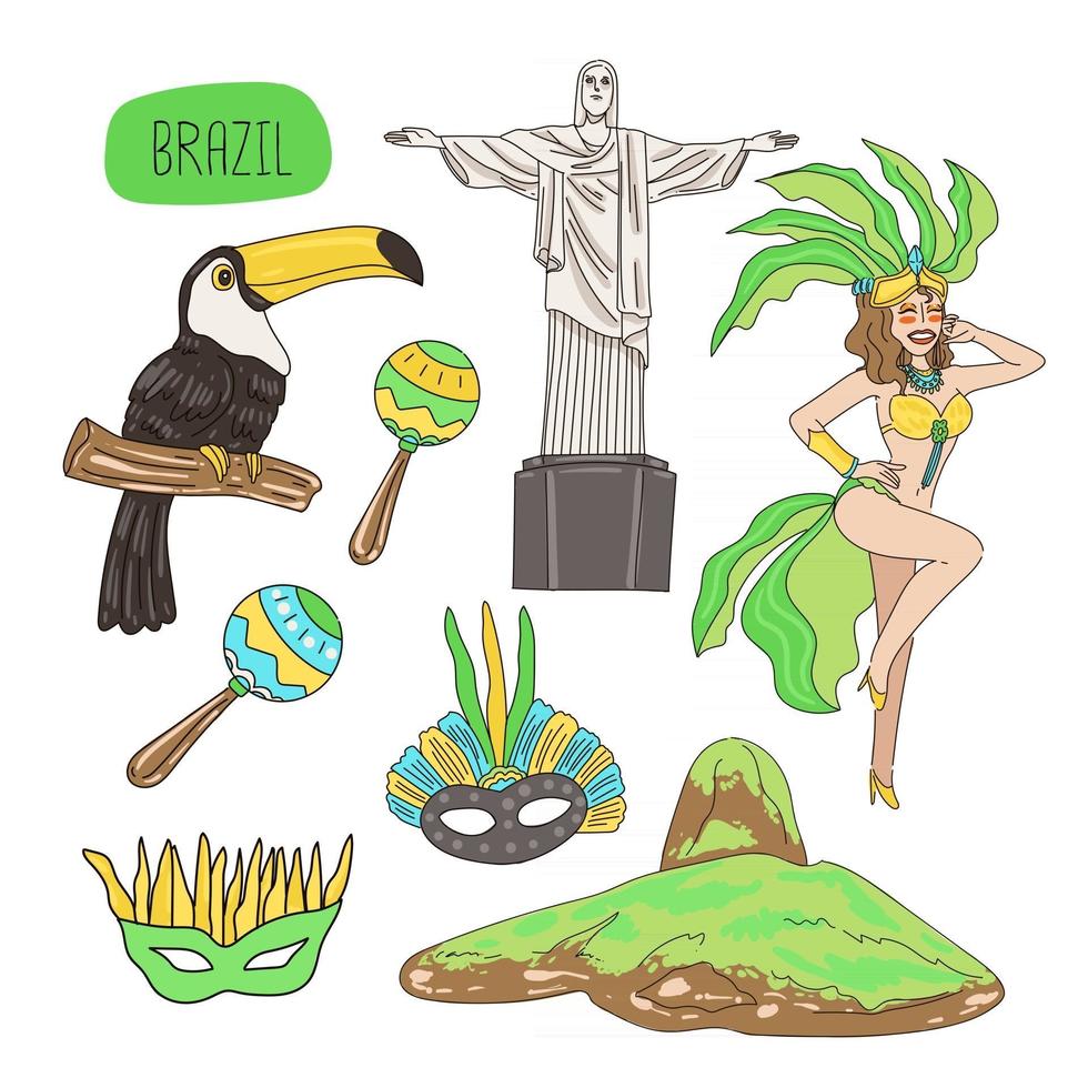 Ícones da cultura e da natureza brasileira desenhando o vetor pintura dos desenhos animados