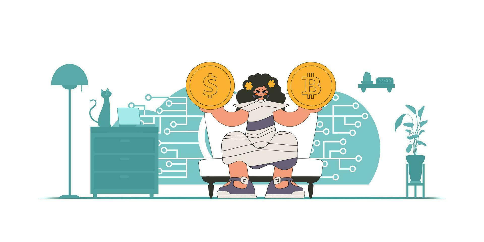 a menina é segurando uma moeda do bitcoin e dólar. criptomoeda e decreto troca conceito. vetor